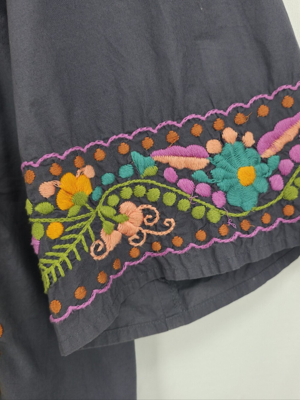 Sister Mary Embroidered Cotton Tunic Dress Large Gray Boho Folk Floral Artisan - Picture 9 of 16